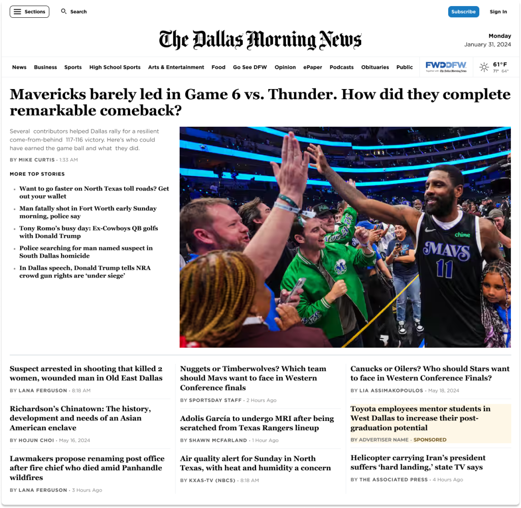 Redesigned Dallas Morning News homepage