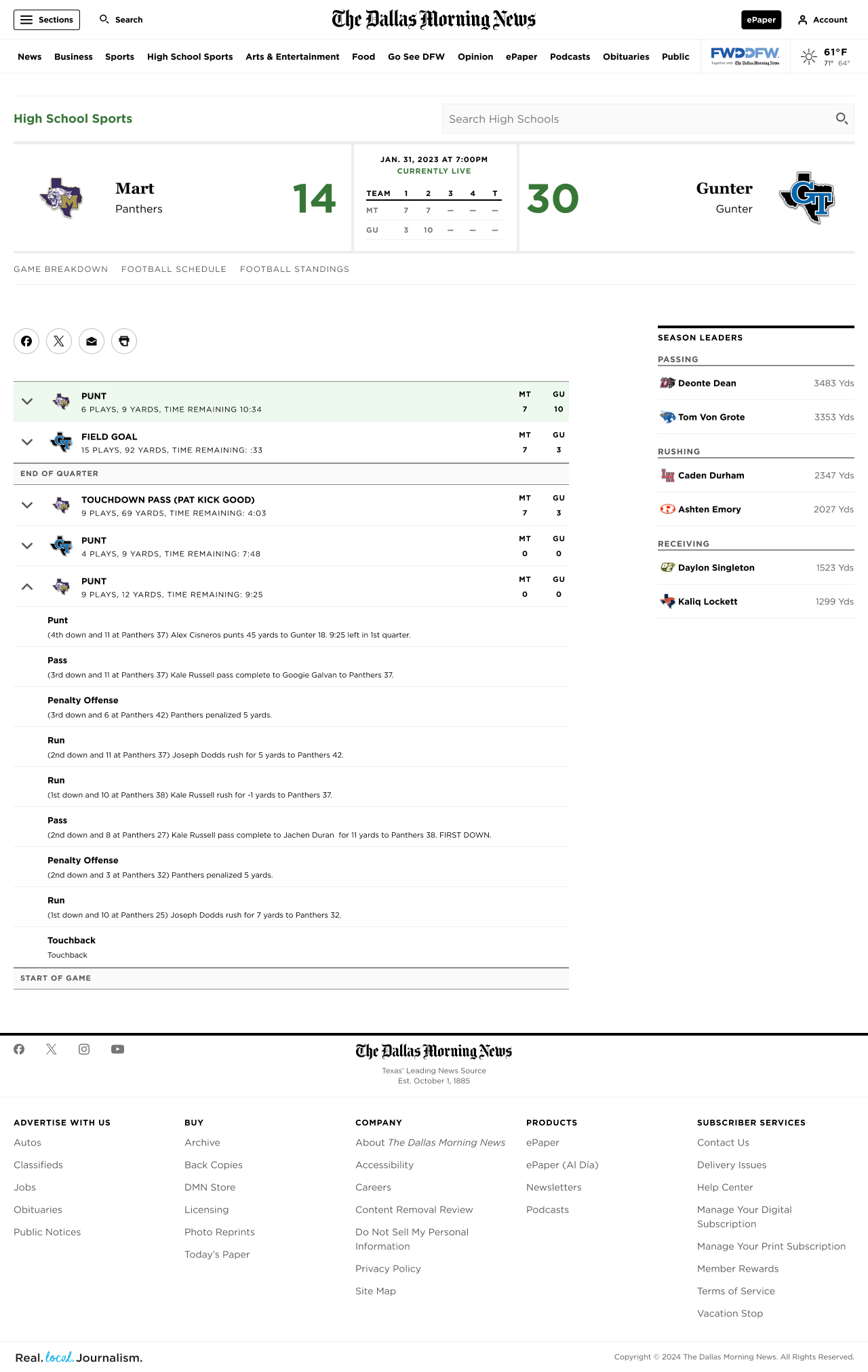 Live play-by-play for a Texas high school football game