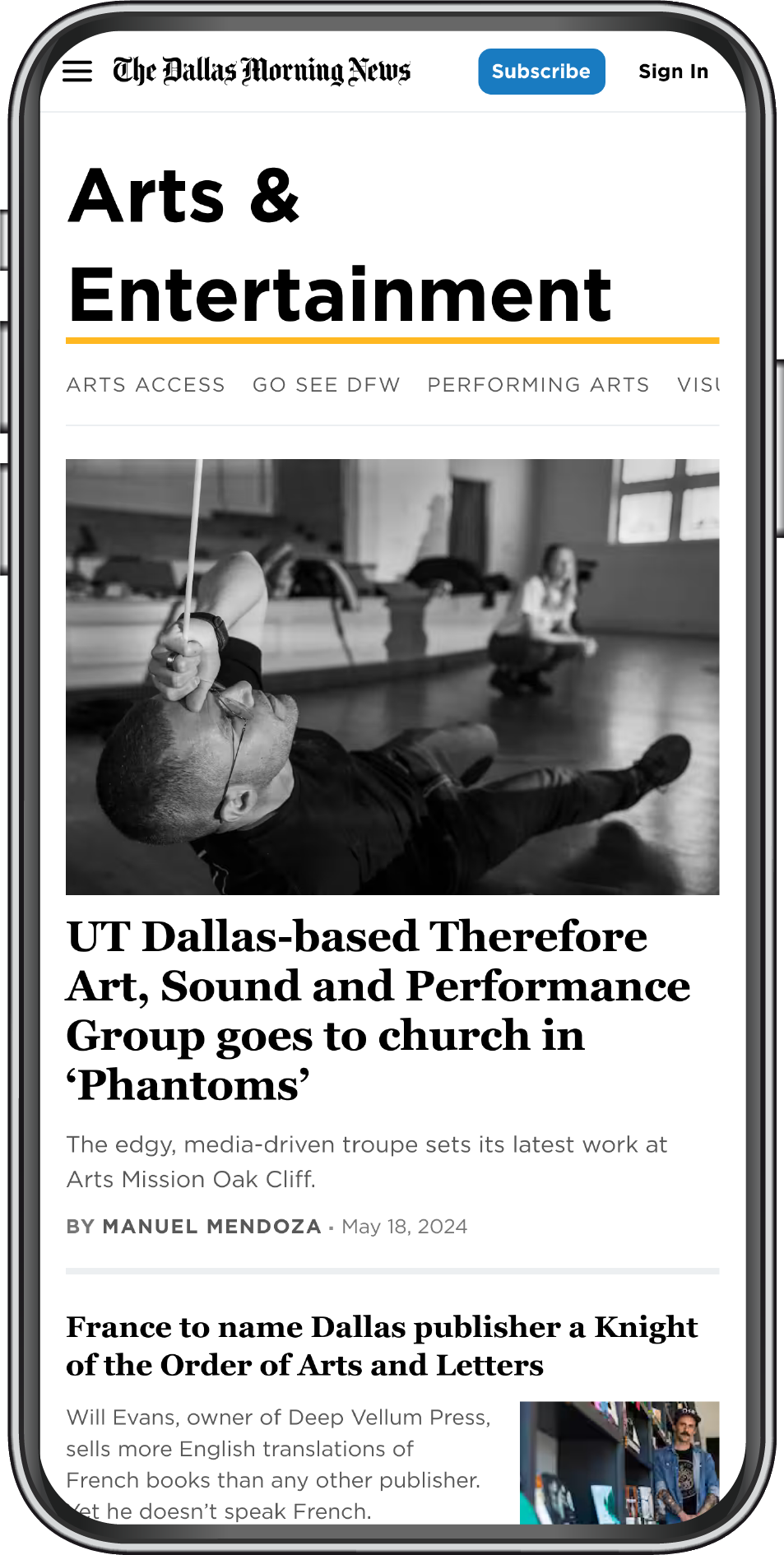 A section on dallasnews.com shown on a phone